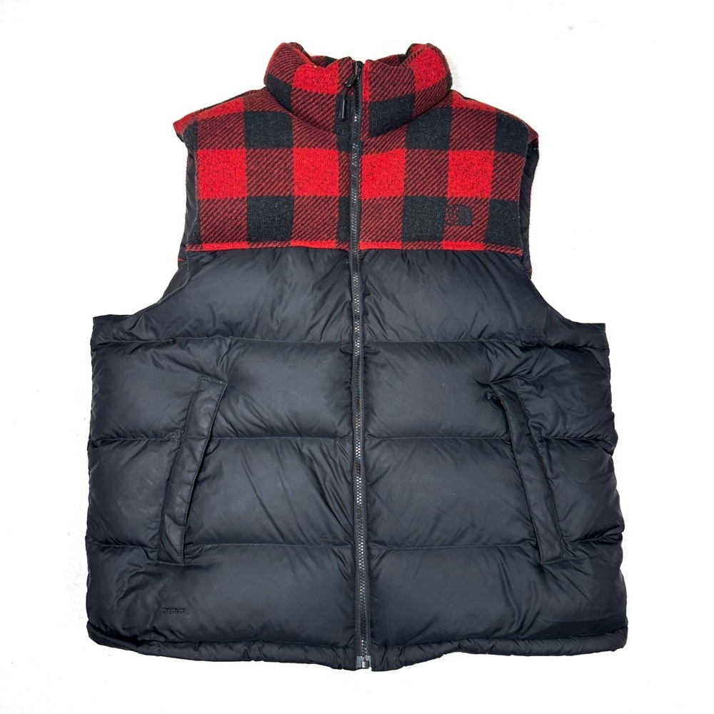 The North Face Nuptse 700 Down Puffer Vest Mens XL Black Red Plaid Winter Zip Up